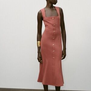 ZARA Orange Red Buttoned Pique Dress Retro Gold Buttons M NWT